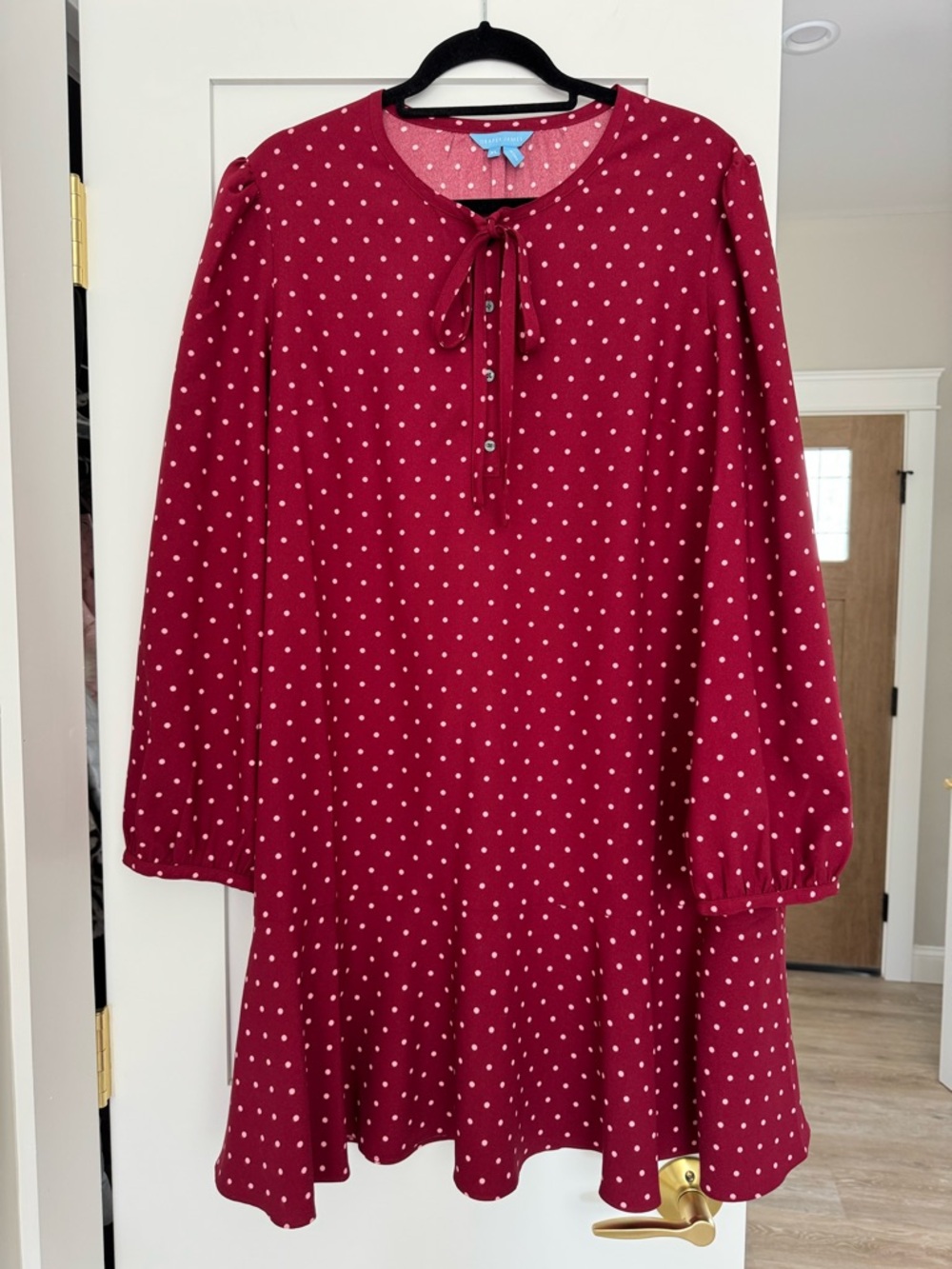 Draper James Polka Dot Dress XL Long Sleeve Tie Neck Fit & Flare Red and Pink